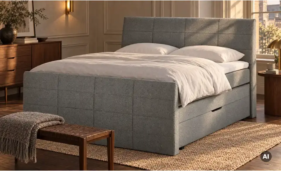 Boxspringbett mit Bettkasten und Topper, in Wohnsituation