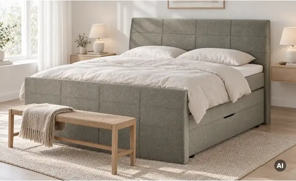 Boxspringbett mit Bettkasten und Topper, in Wohnsituation