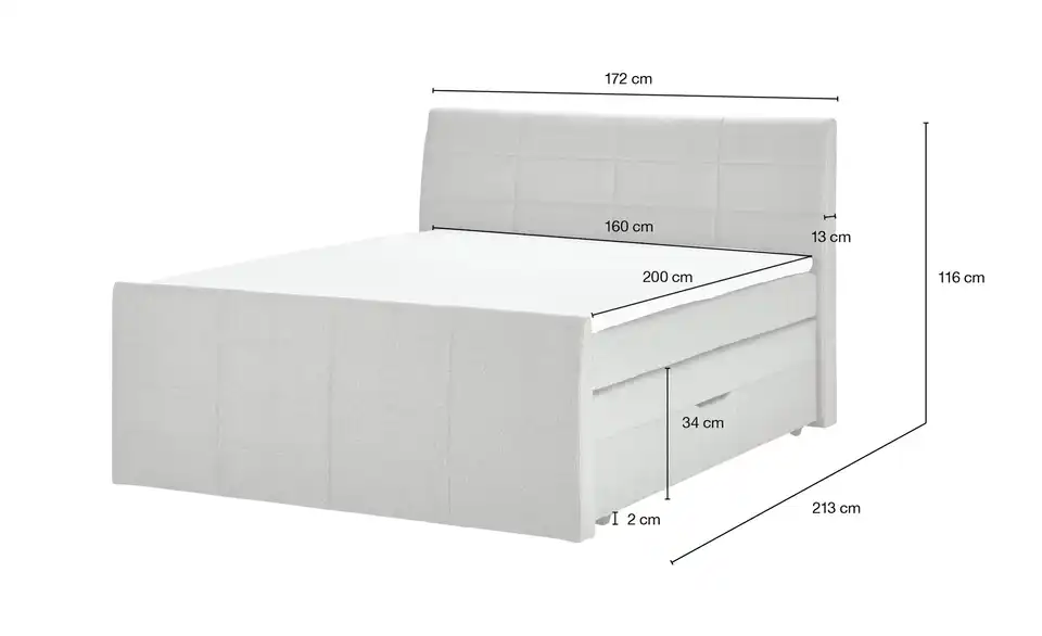 Boxspringbett mit Bettkasten und Topper, Bemaßung
