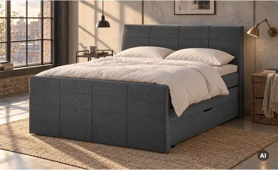 Boxspringbett mit Bettkasten und Topper, in Wohnsituation