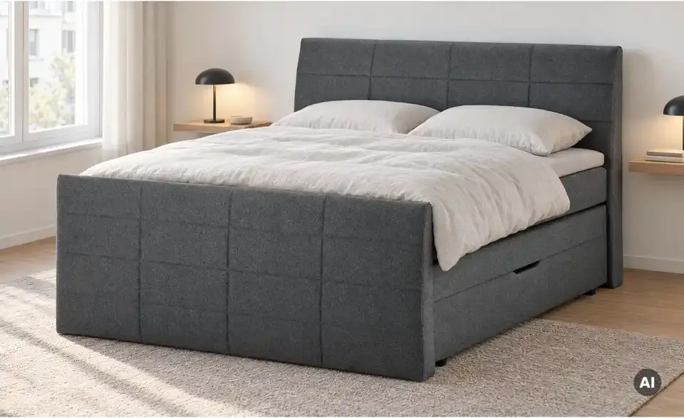 Boxspringbett mit Bettkasten und Topper, in Wohnsituation