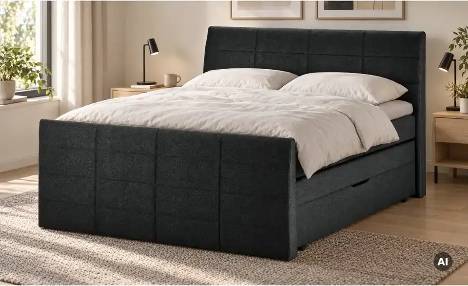 Boxspringbett mit Bettkasten und Topper, in Wohnsituation