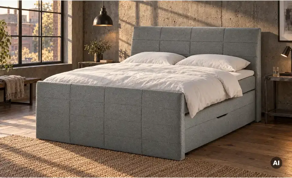 Boxspringbett mit Bettkasten und Topper, in Wohnsituation