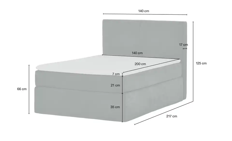 Boxi Boxspringbett 140 x 200 cm Boxi Classic, Bemaßung