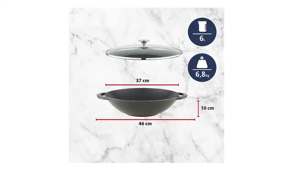 Meisterkoch Gusseisen-Wok mit Deckel OPUS, Bild mit Text