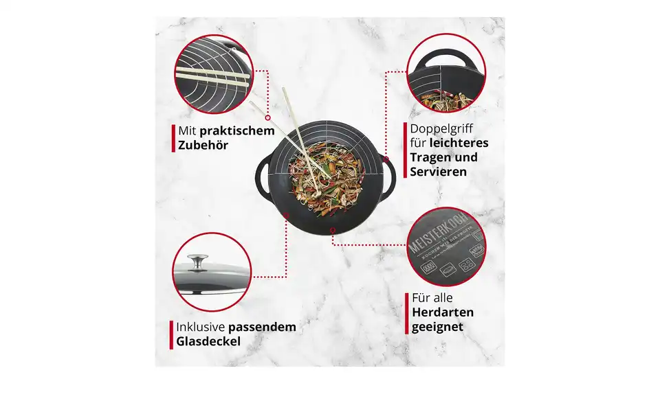 Meisterkoch Gusseisen-Wok mit Deckel OPUS, Bild mit Text