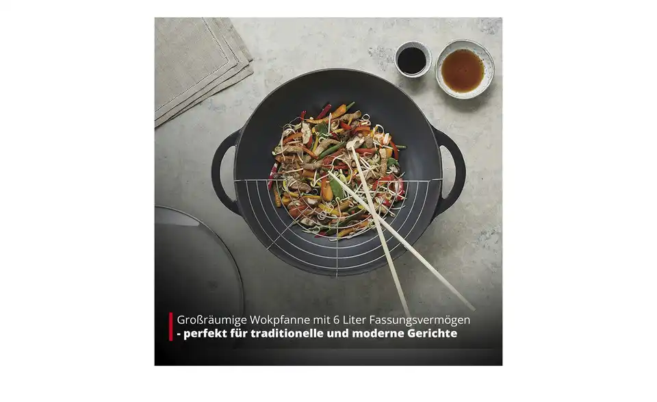 Meisterkoch Gusseisen-Wok mit Deckel OPUS, Bild mit Text