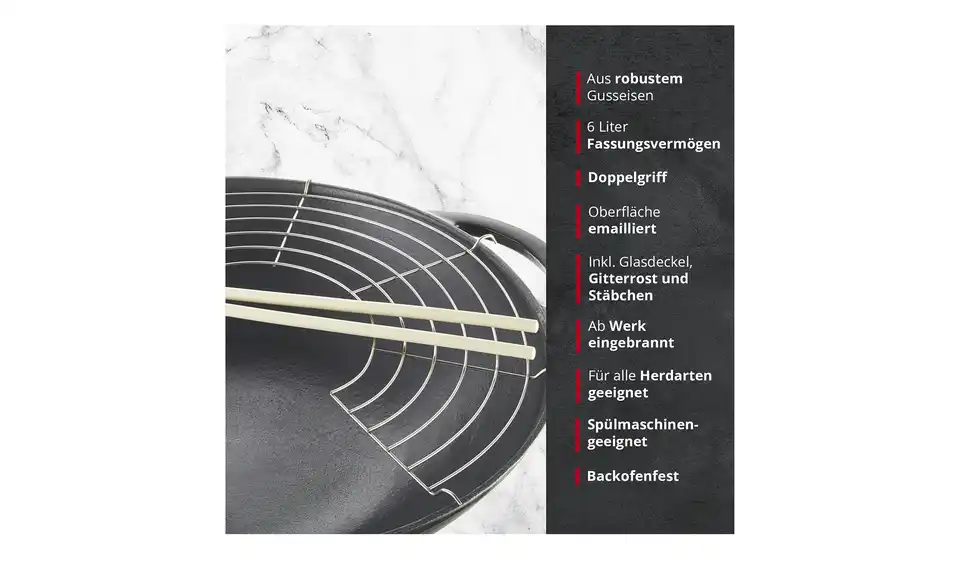 Meisterkoch Gusseisen-Wok mit Deckel OPUS, Bild mit Text