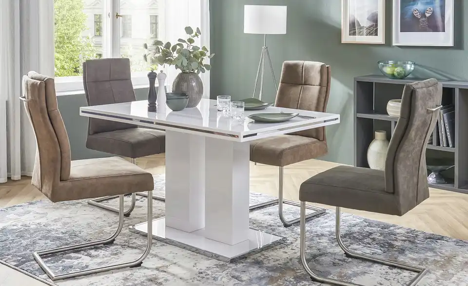 Primo Säulentisch Basti in Weißem Hochglanzlack, in Wohnsituation