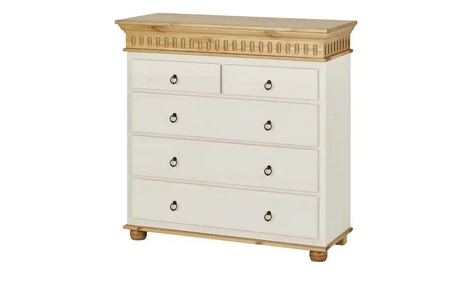 Kommode | Kiefer Weiß / Kiefer antikfarben, 5 Schübe