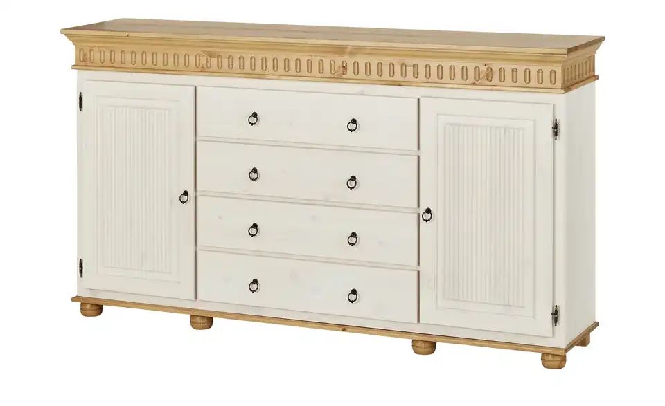 Kommode | Kiefer Weiß / Kiefer antikfarben, 2 Türen / 4 Schübe