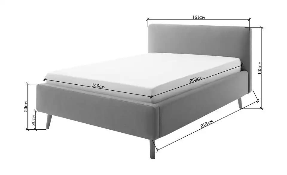 Polsterbett mit Bettkasten, Bemaßung