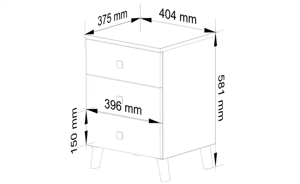 Nachttisch mit 3 Schubladen, Bemaßung