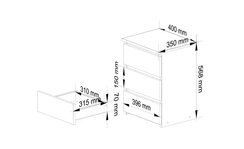 Nachttisch mit 3 Schubladen, Bemaßung
