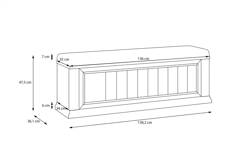 Bettbank mit Stauraum, Bemaßung