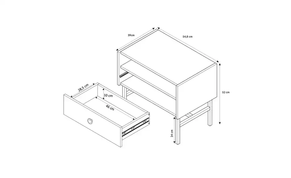 Selsey Nachtkommode mit schwarzem Kufengestell, Bemaßung