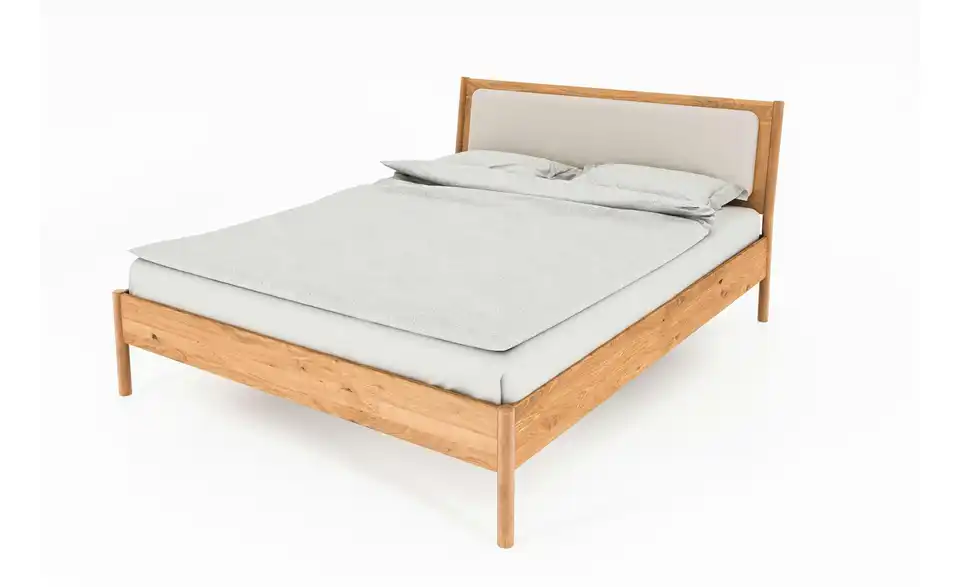 Massivholzbett mit gepolstertem Kopfteil, Perspektive