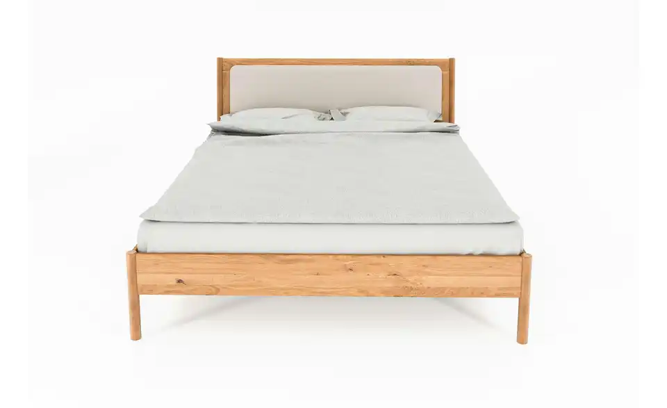 Massivholzbett mit gepolstertem Kopfteil, Frontansicht