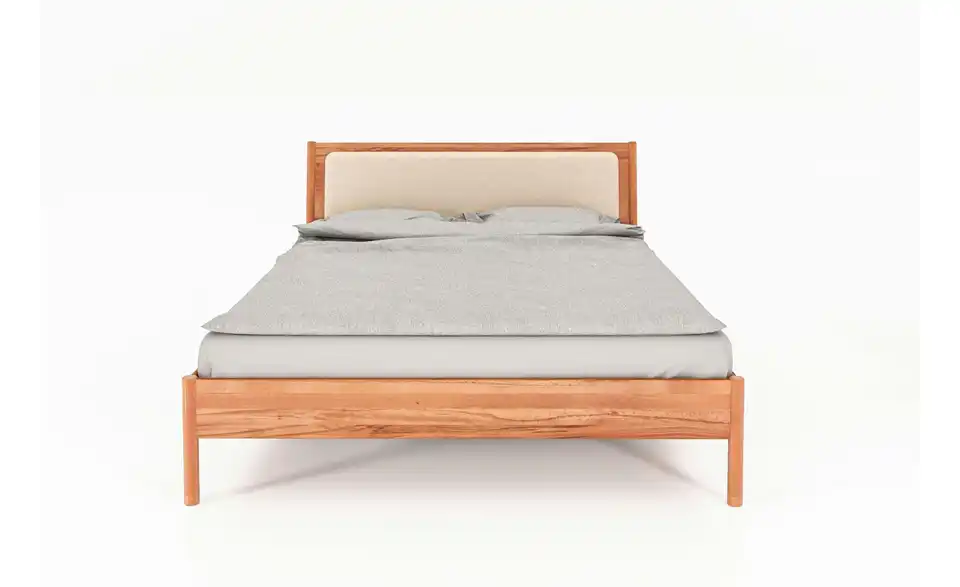 Massivholzbett mit gepolstertem Kopfteil, Frontansicht