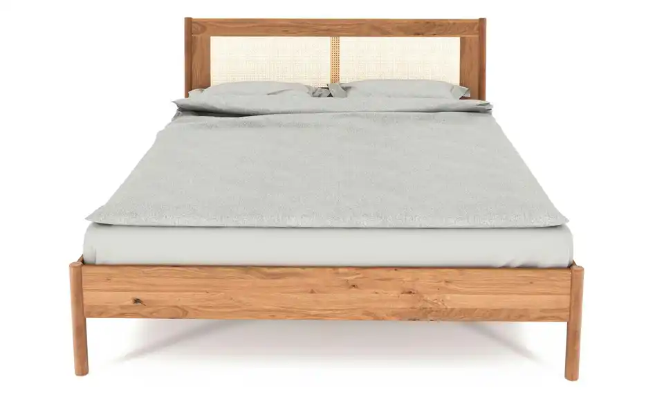 Massivholzbett mit gepolstertem Kopfteil, Frontansicht