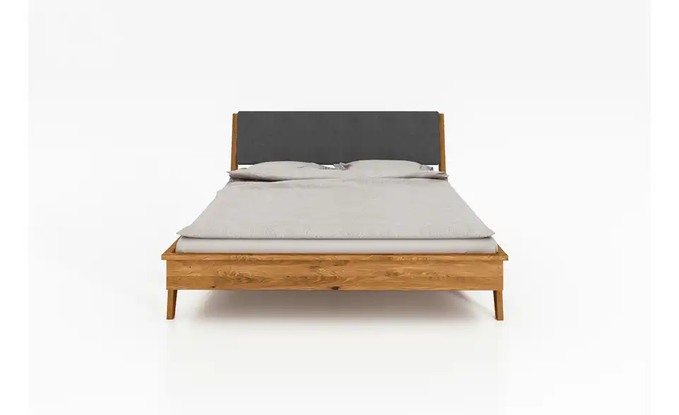 Massivholzbett mit gepolstertem Kopfteil, Frontansicht