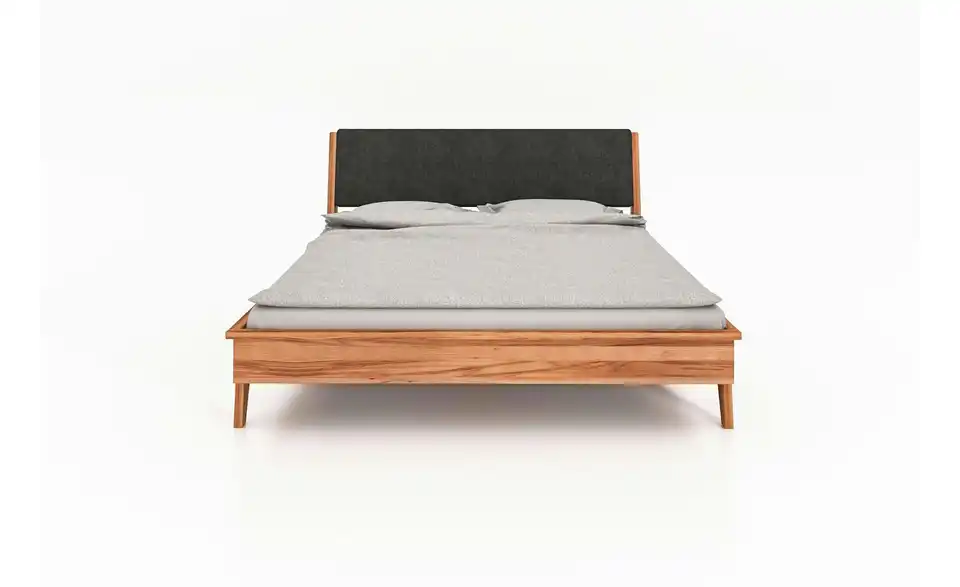 Massivholzbett mit gepolstertem Kopfteil, Frontansicht