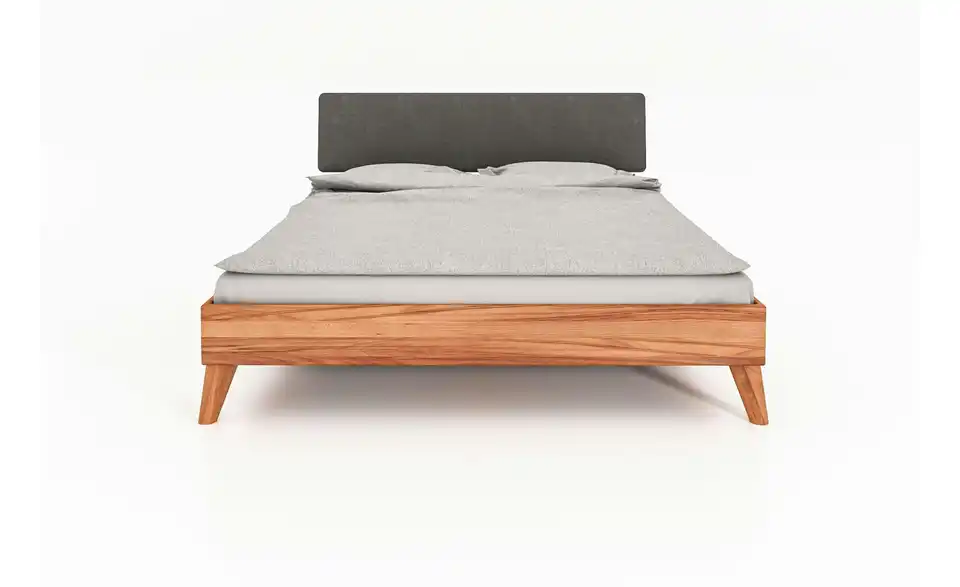 Massivholzbett mit gepolstertem Kopfteil, Frontansicht