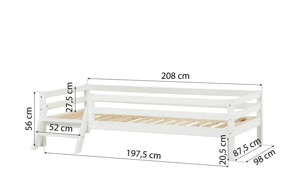 Hoppekids Juniorbett mit Rausfallschutz, Bemaßung