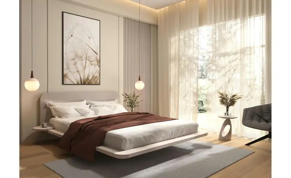 Massivholzbett in weiß, in Wohnsituation