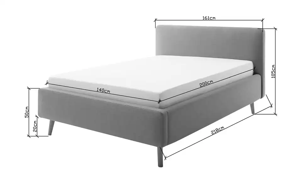 Polsterbett mit Bettkasten, Bemaßung