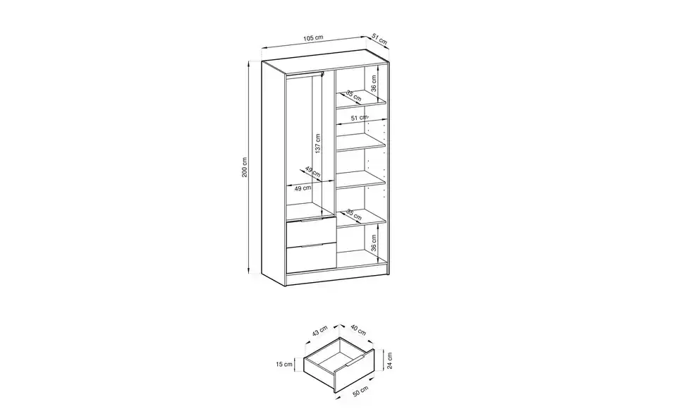 Drehtürenschrank, Bemaßung