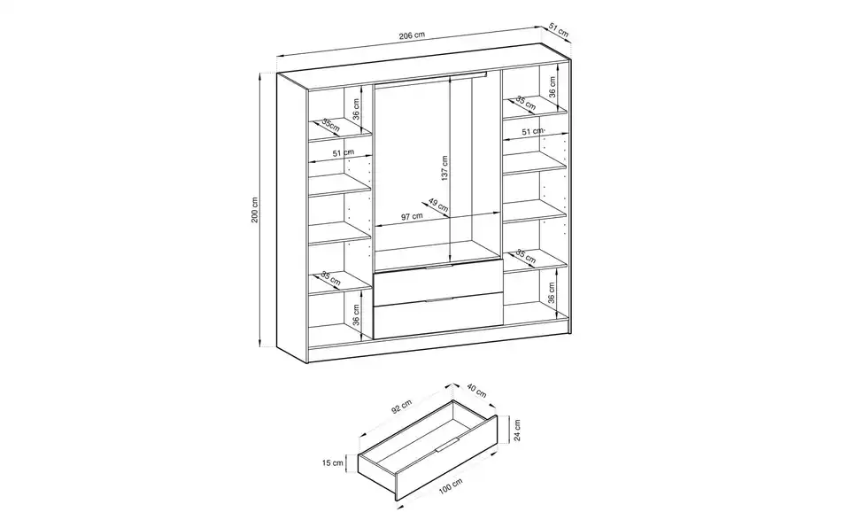 Drehtürenschrank, Bemaßung