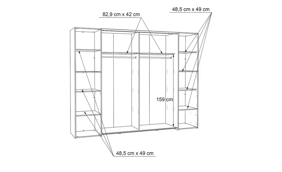 Schwebetürenschrank mit Drehtüren, Bemaßung