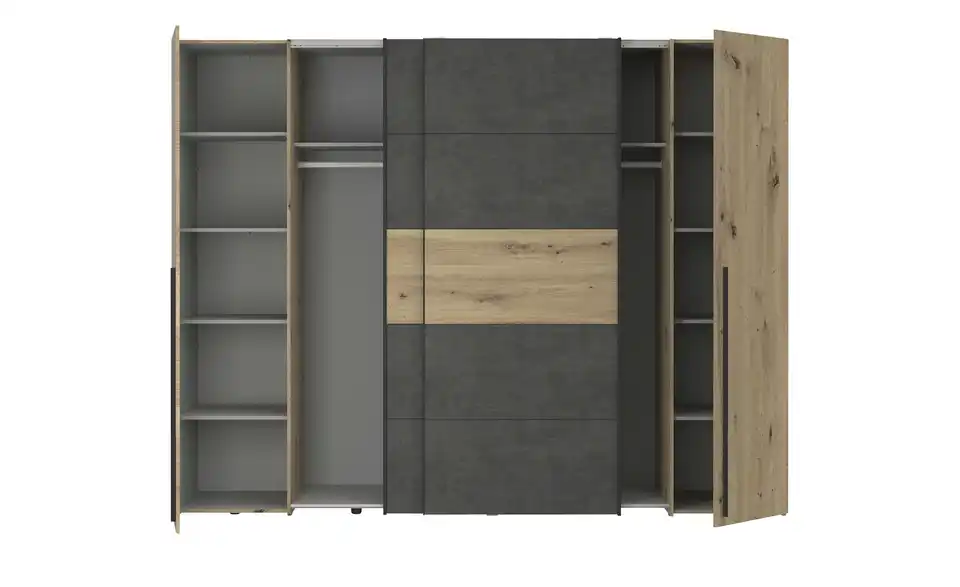 Schwebetürenschrank mit Drehtüren, geöffnet