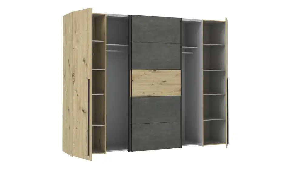 Schwebetürenschrank mit Drehtüren, geöffnet