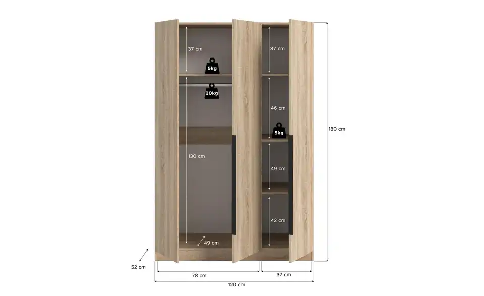 Drehtürenschrank, Bemaßung