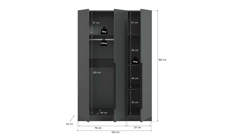 Drehtürenschrank, Bemaßung
