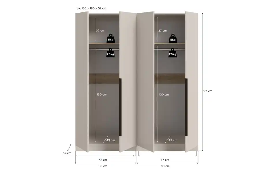 Drehtürenschrank, Bemaßung
