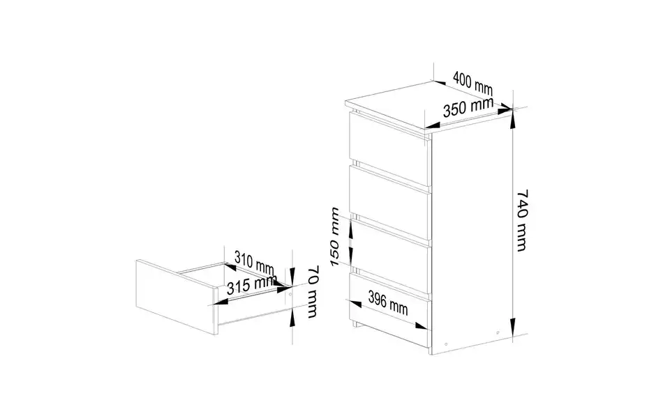 Kommode mit 4 Schubladen, Bemaßung