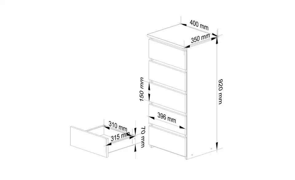 Kommode mit 5 Schubladen, Bemaßung