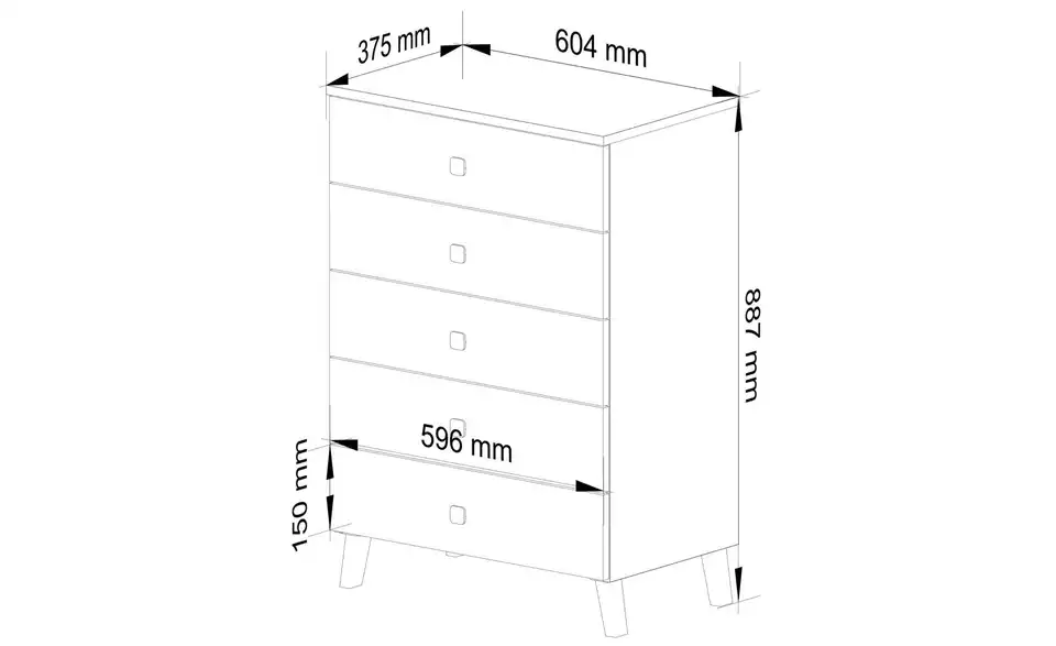 Kommode mit 5 Schubladen, Bemaßung