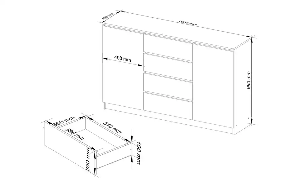 Highboard 160 cm breit, Bemaßung