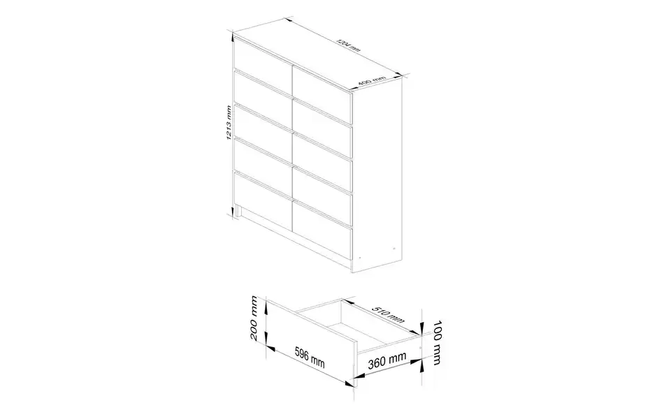 Kommode mit 10 Schubladen, Bemaßung