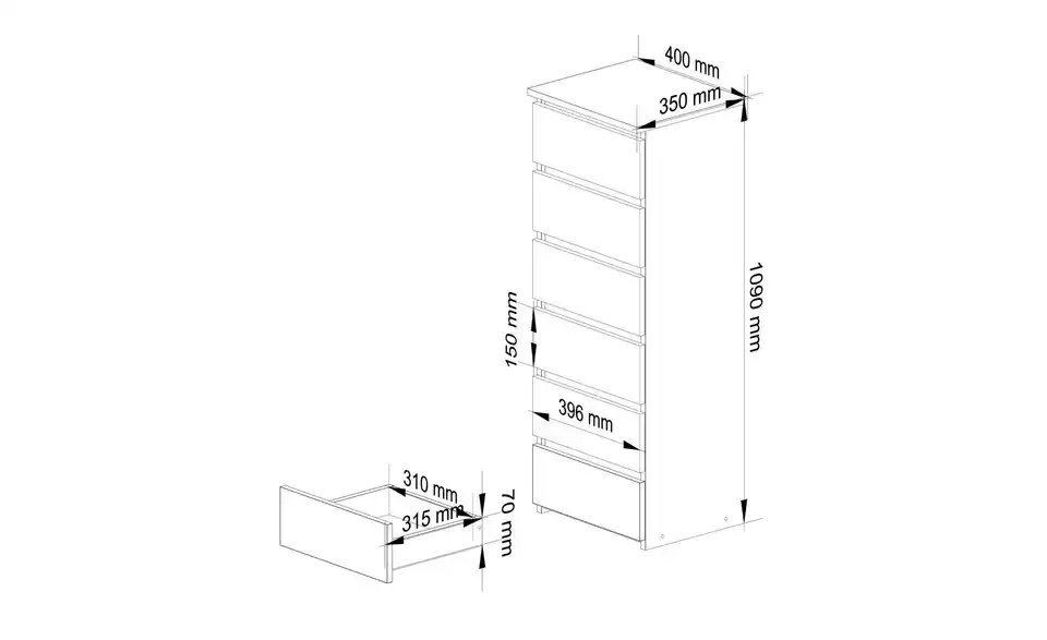 Kommode mit 6 Schubladen, Bemaßung