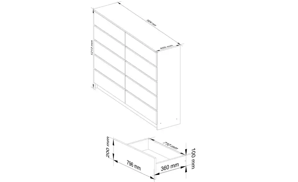 Kommode 160 cm breit, Bemaßung