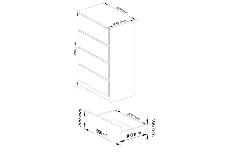 Kommode mit 4 Schubladen, Bemaßung