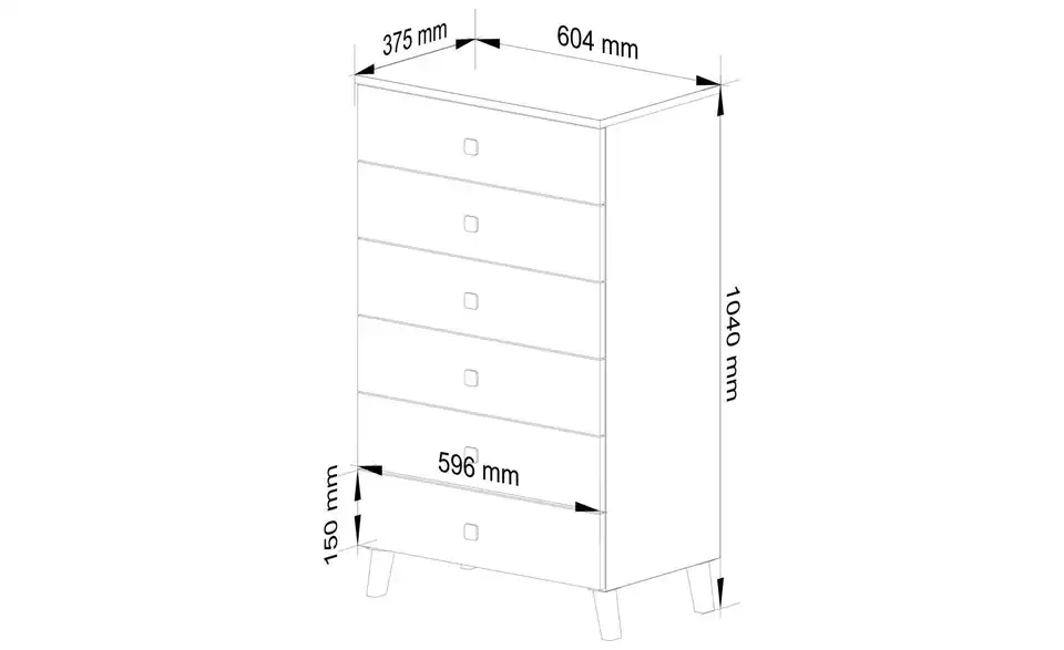 Kommode mit 6 Schubladen, Bemaßung