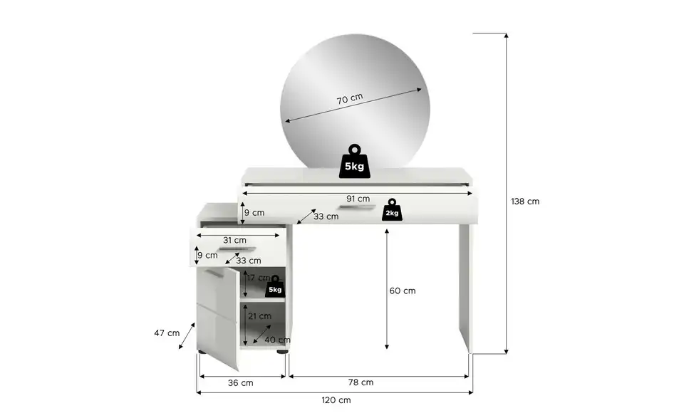 Schminktisch, Bemaßung