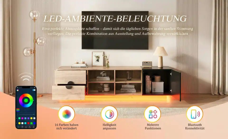 TV-Lowboard LED-Beleuchtung, Bild mit Text