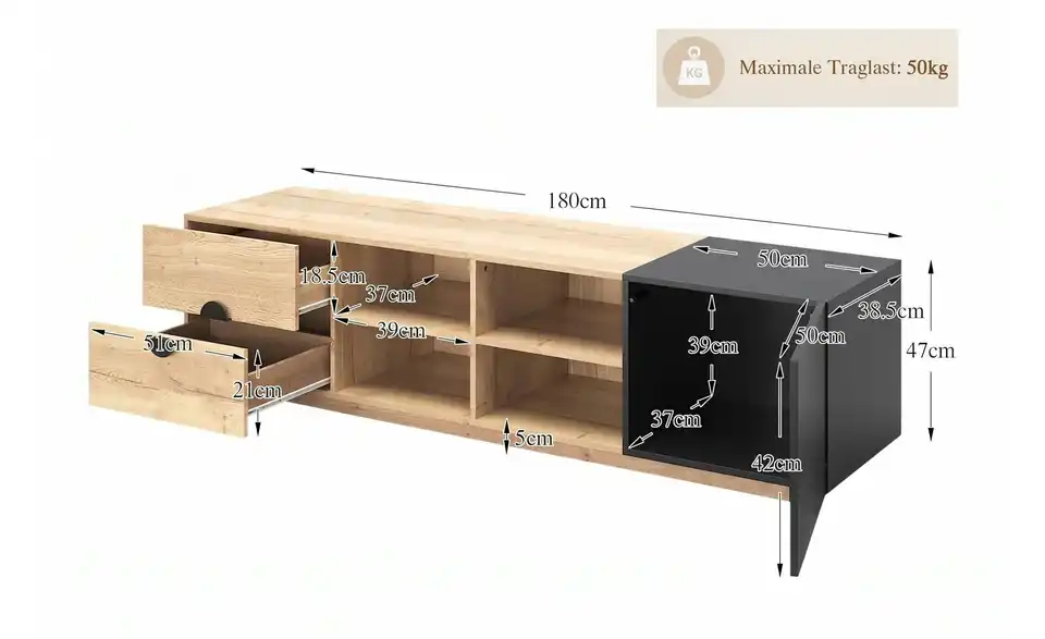 TV-Lowboard LED-Beleuchtung, Bemaßung
